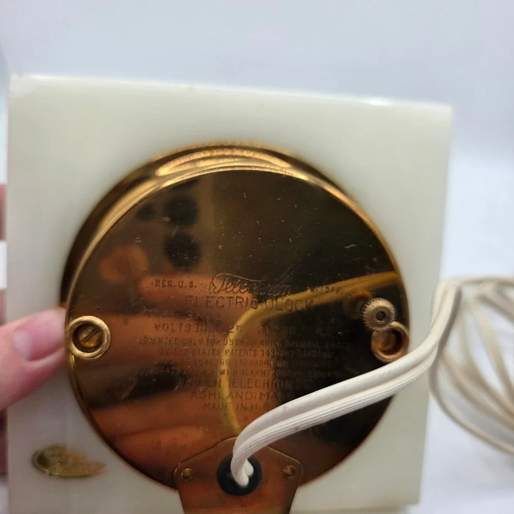 Vintage Warren Telechron Electric Clock White Onyx Brass MCM Desk Shelf Works US